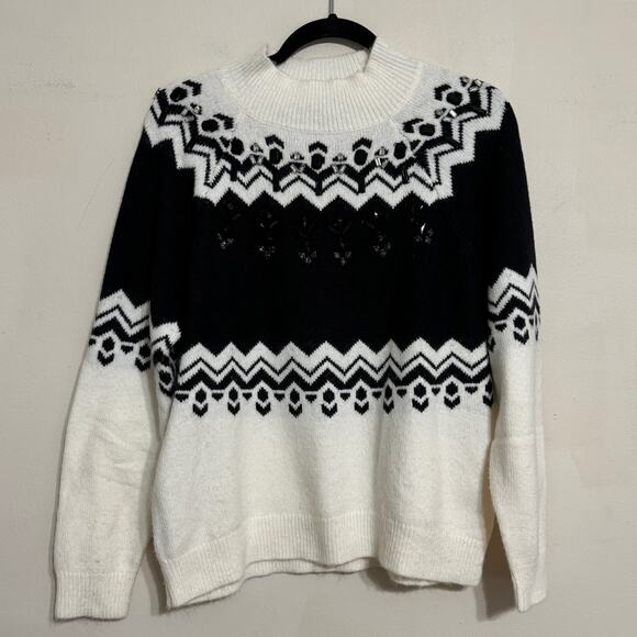 Ann Taylor Fair Isle Embellished Jeweled Sweater White Black Size M - Picture 1 of 4